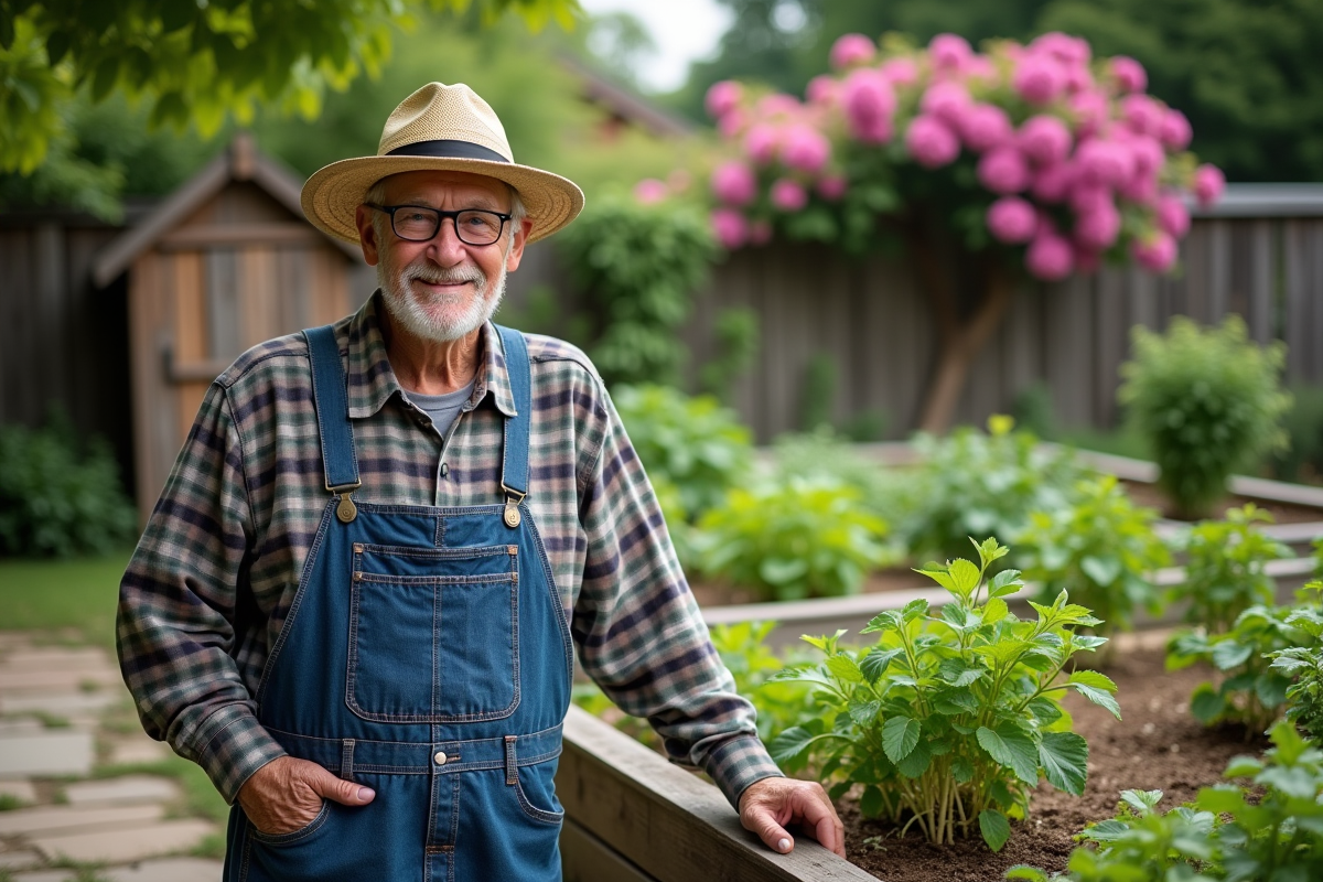 Homme âgé avec chapeau en jardinage dans un jardin urbain