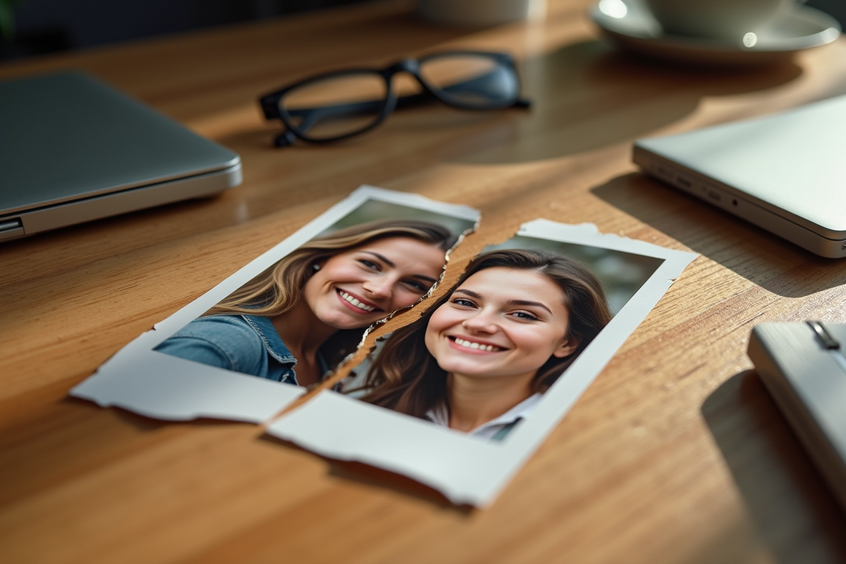 Photo déchirée de deux femmes souriantes symbolisant conflit