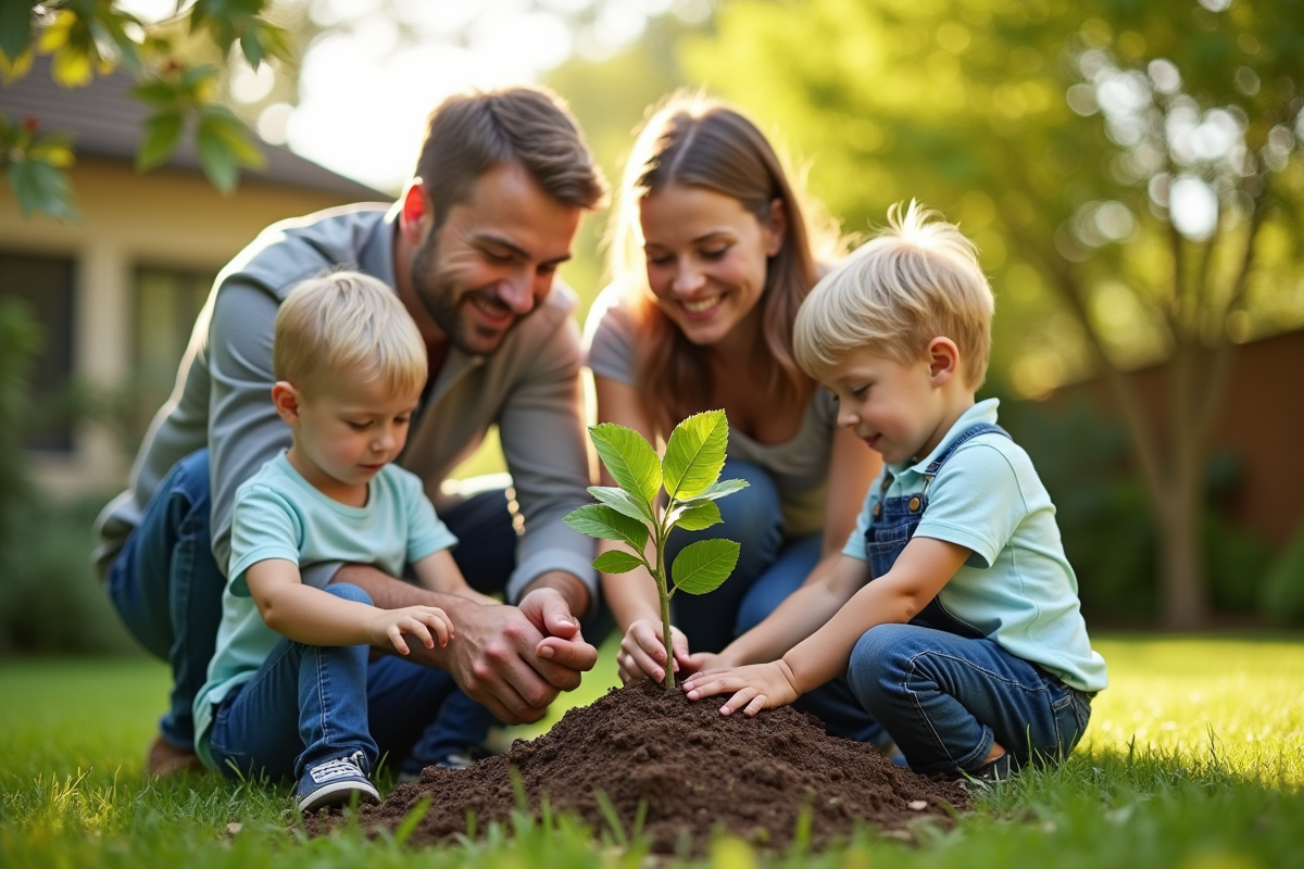 Enfants plantant un arbre dans un jardin ensoleille