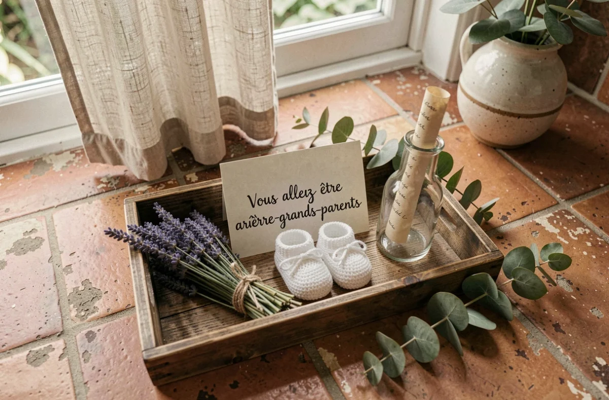 Plateau rustique avec chaussons bébé et carte d'annonce de grossesse pour les grands-parents sur une table de cuisine