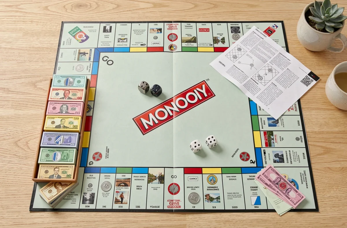 Vue aérienne du plateau de Monopoly classique entièrement installé avec le livret de règles ouvert à côté
