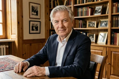 Portrait d'un homme élégant dans une bibliothèque aux accents suisses et d'Europe centrale, entouré de photographies de famille en noir et blanc