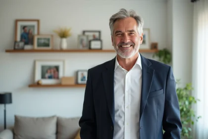 Portrait d'un homme souriant en blazer marine dans un salon familial moderne avec photos de famille en arrière-plan