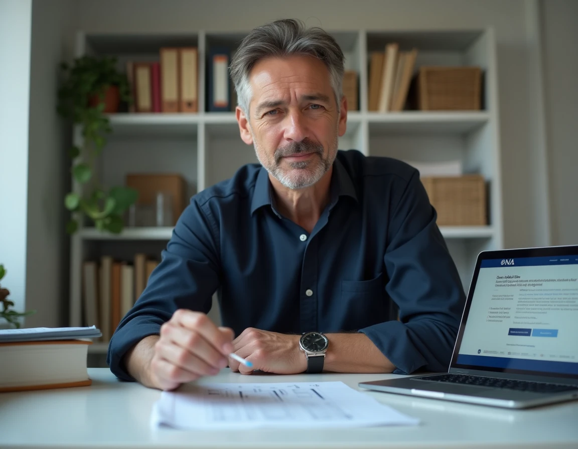 Homme réalisant un prélèvement ADN avec un écouvillon buccal à son bureau à domicile