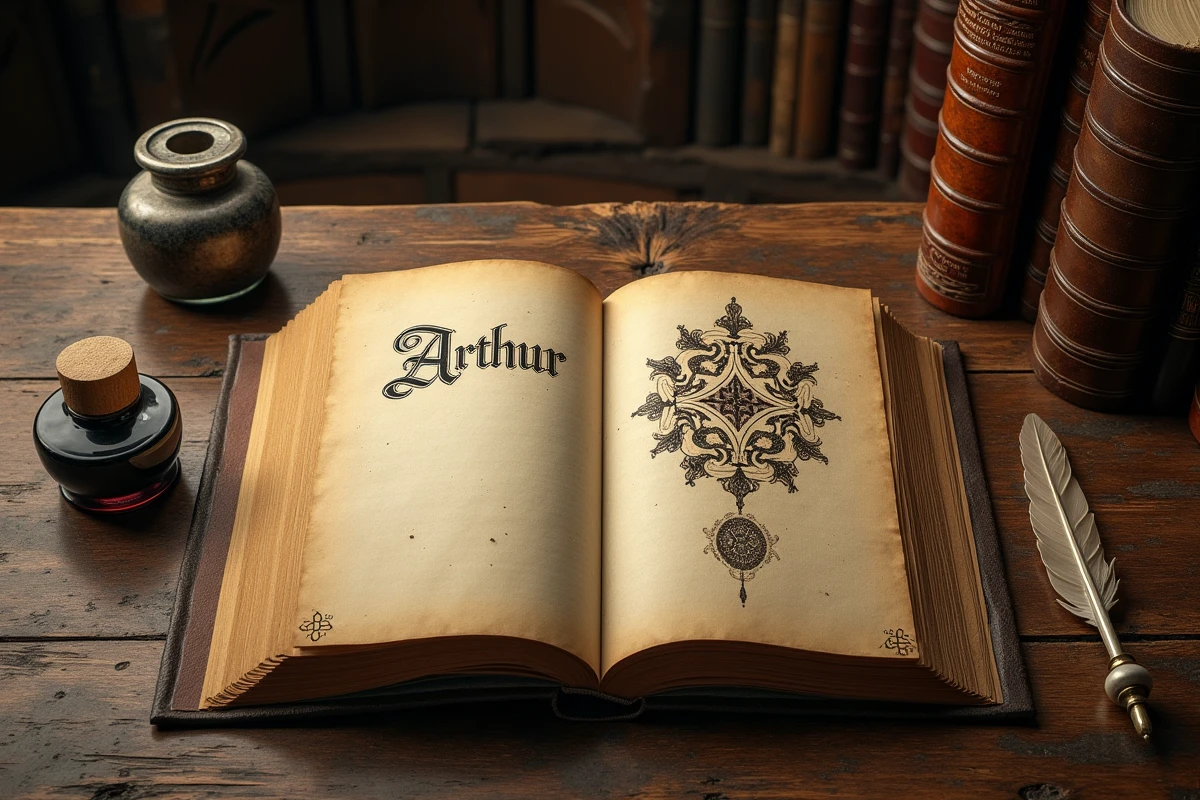 Vieux livre calligraphié ouvert montrant le prénom Arthur avec des enluminures celtiques, symbolisant l'étymologie et l'histoire ancienne du prénom
