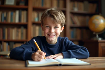 Jeune garçon prénommé Arthur écrivant son prénom dans un cahier scolaire avec fierté, illustrant l'origine et le caractère du prénom Arthur