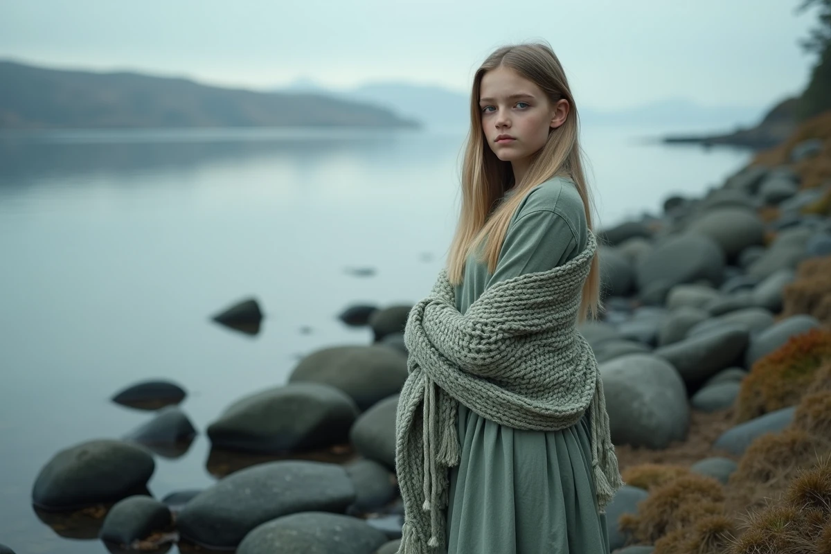 Adolescente scandinave en robe lin vert sauge sur un rivage de fjord rocheux, évoquant la douceur et l'élégance des prénoms nordiques féminins