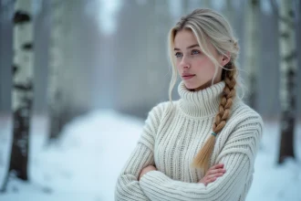 Jeune femme scandinave aux cheveux blonds platine dans une forêt de bouleaux enneigée, illustrant l'élégance des prénoms nordiques féminins