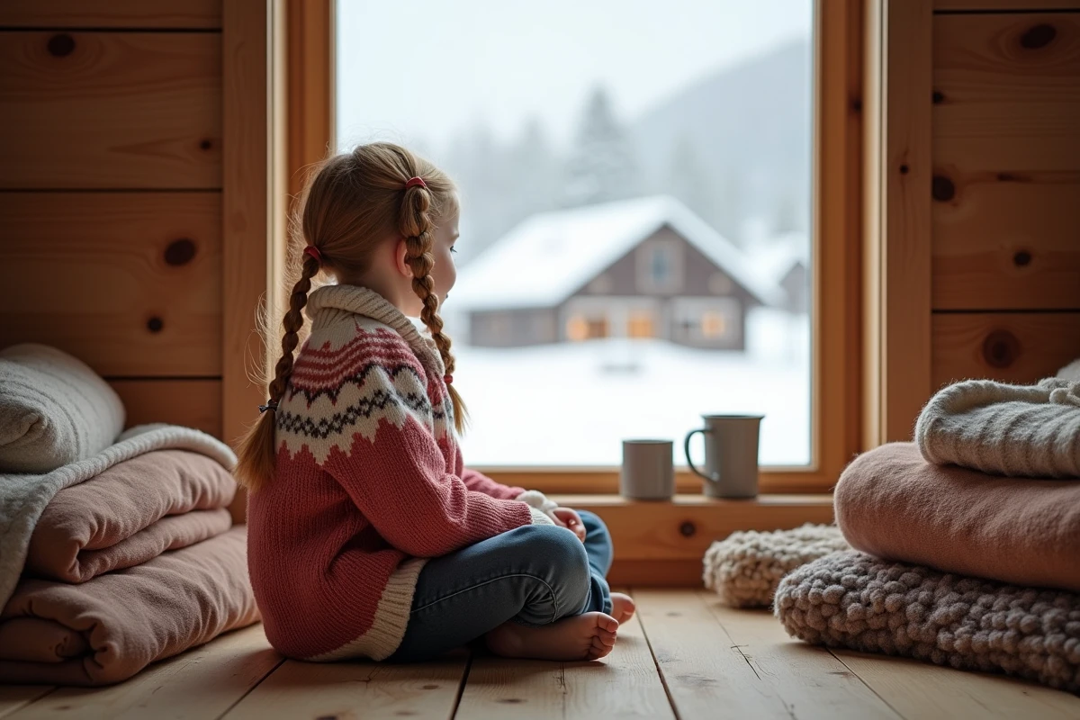 Petite fille aux tresses rousses portant un pull nordique traditionnel, assise près d'une fenêtre avec vue sur un village scandinave enneigé