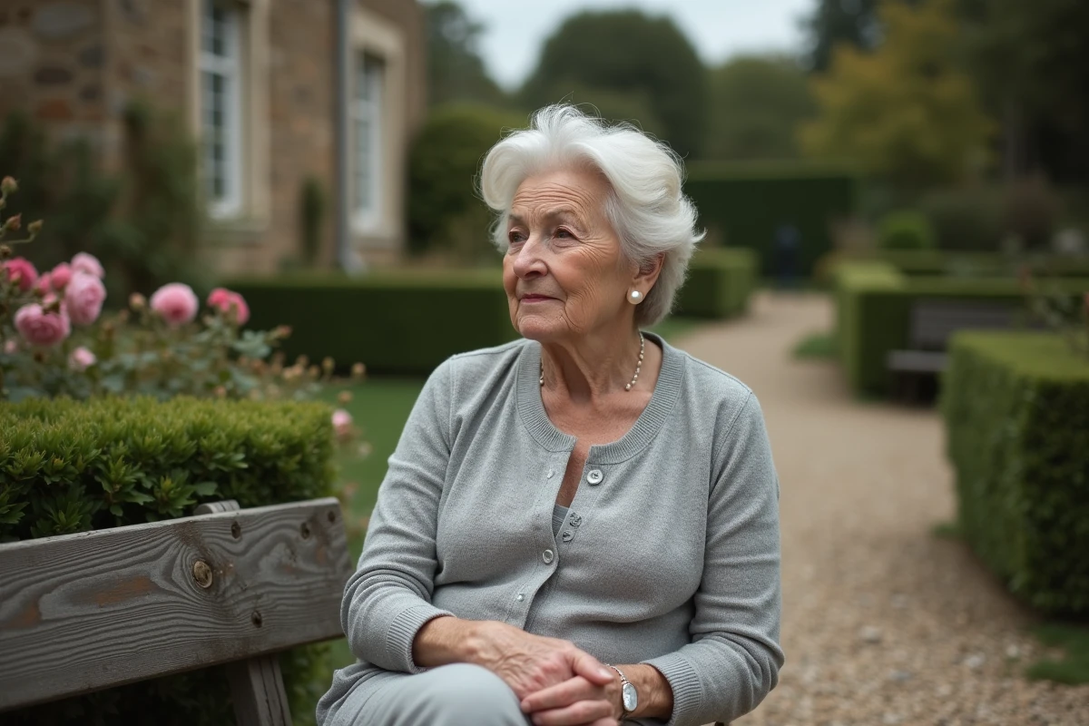 Femme âgée assise sur un banc de jardin en pierre entourée de rosiers, regard pensif et nostalgique, illustrant les confidences des proches d'André Louis Auzière