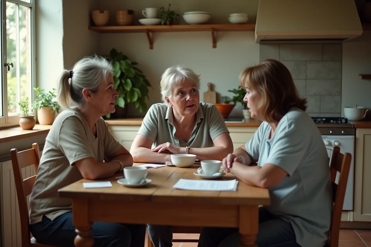 Groupe de proches réunis autour d'une table de cuisine provençale en pleine discussion intime, évoquant les révélations familiales autour d'André Louis Auzière en 2026