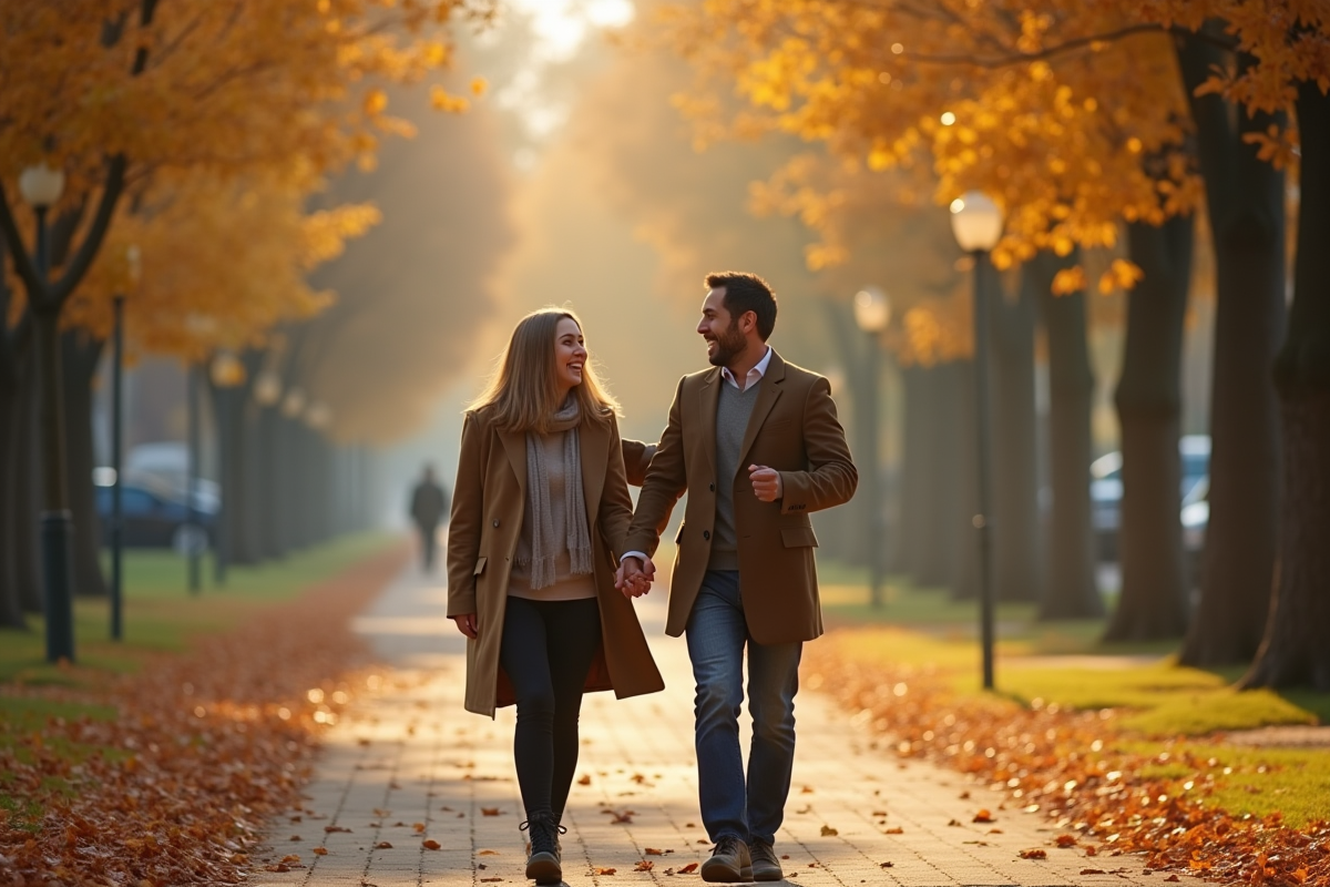 Couple marchant dans un parc automnal en riant
