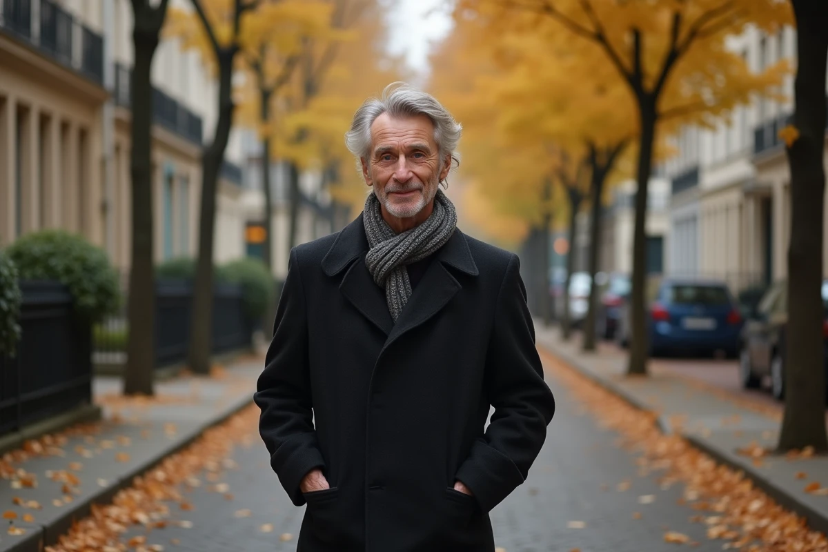 Homme au look singulier se promenant dans une rue parisienne en automne, illustrant la discrétion et l'intimité d'une personnalité publique