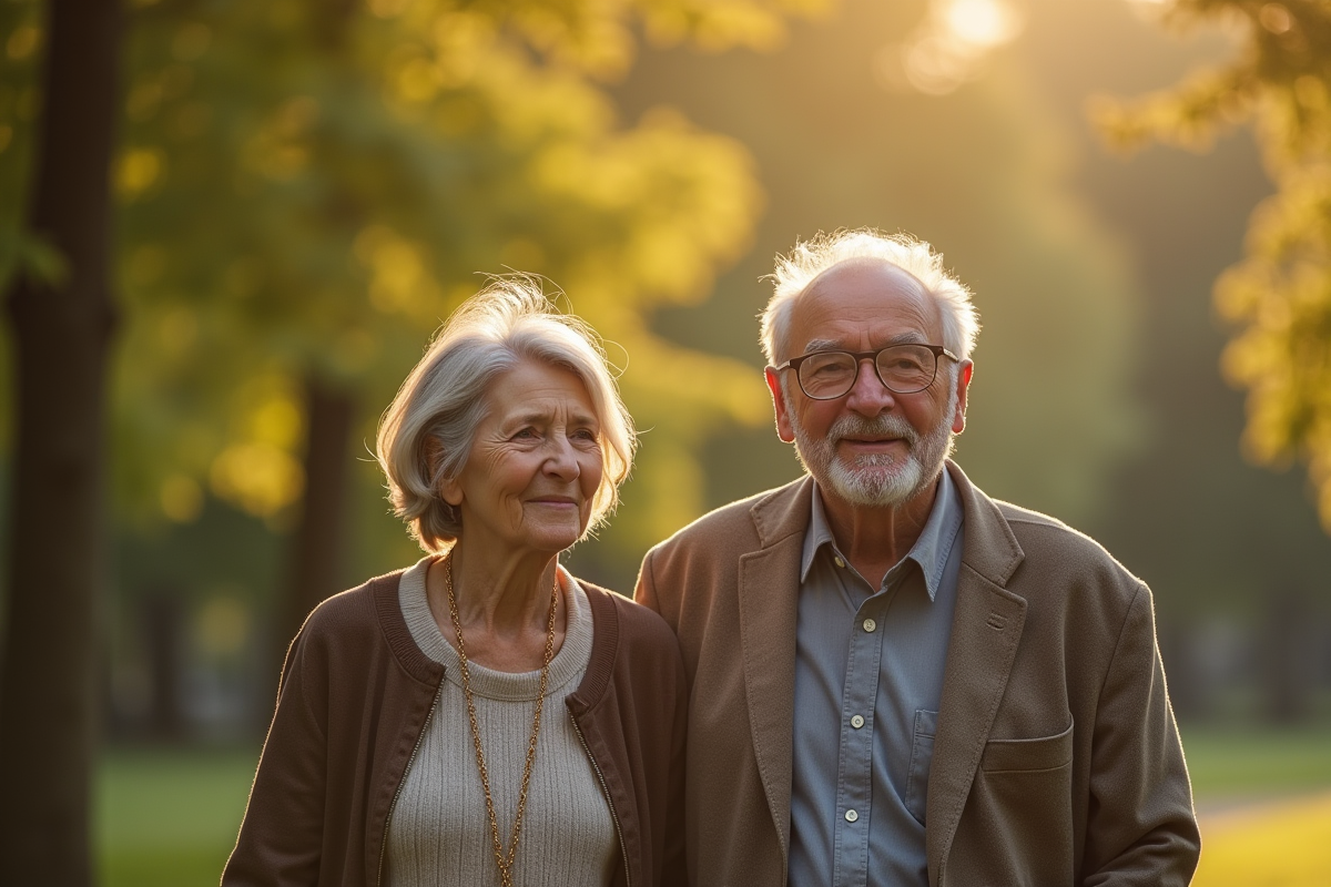 Couple mature marchant dans un parc en automne