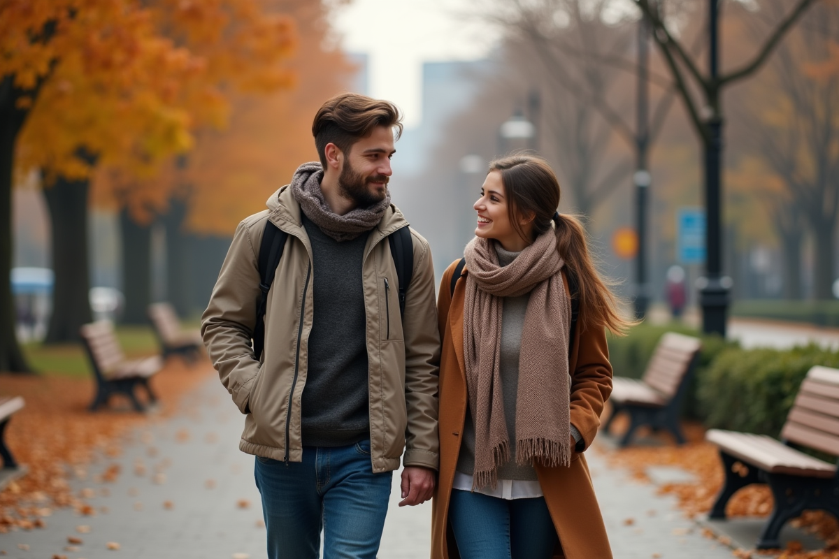 Deux personnes marchant dans un parc en automne avec feuilles