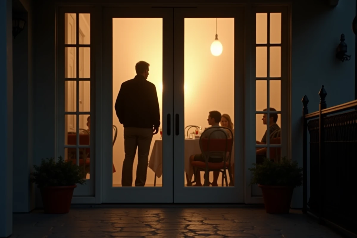 Silhouettes d'une famille aperçues à travers une porte en verre dépoli, symbolisant la protection du cercle familial et de la vie privée