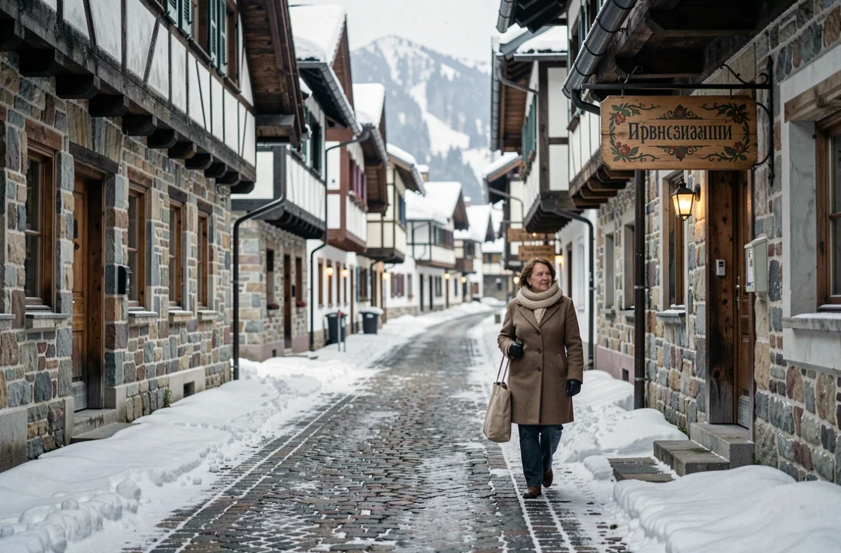 Rue pavée d'un village suisse en hiver avec une femme en manteau de laine marchant entre des bâtiments à colombages enneigés, évoquant un carrefour culturel