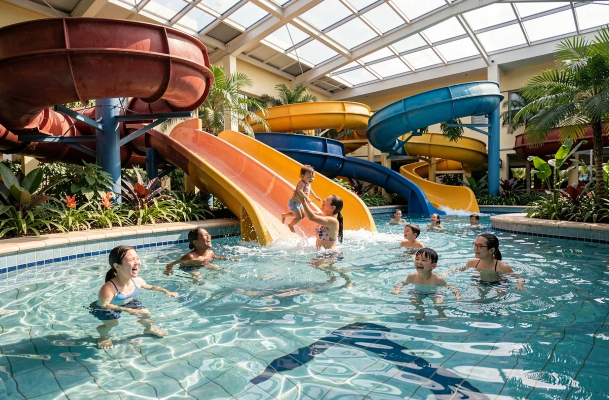Famille profitant des toboggans et de la piscine à vagues du Sancy'O Pôle Aqualudique à La Bourboule