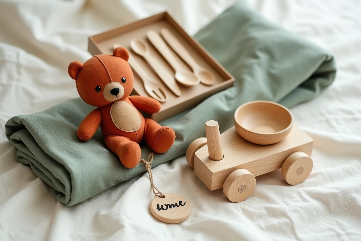 Sélection de cadeaux naissance neutres et mixtes disposés sur lin blanc : doudou, couverts bambou et hochet bois