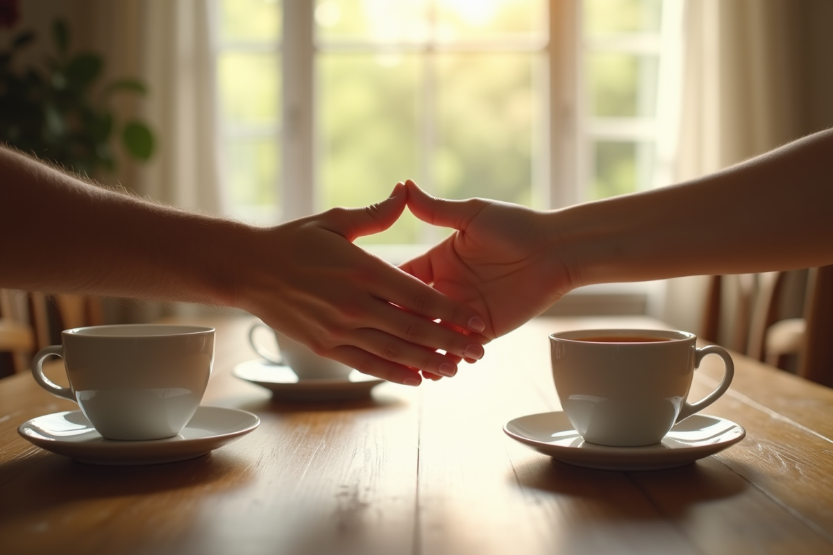 Deux mains se relâchant doucement autour d une tasse de thé