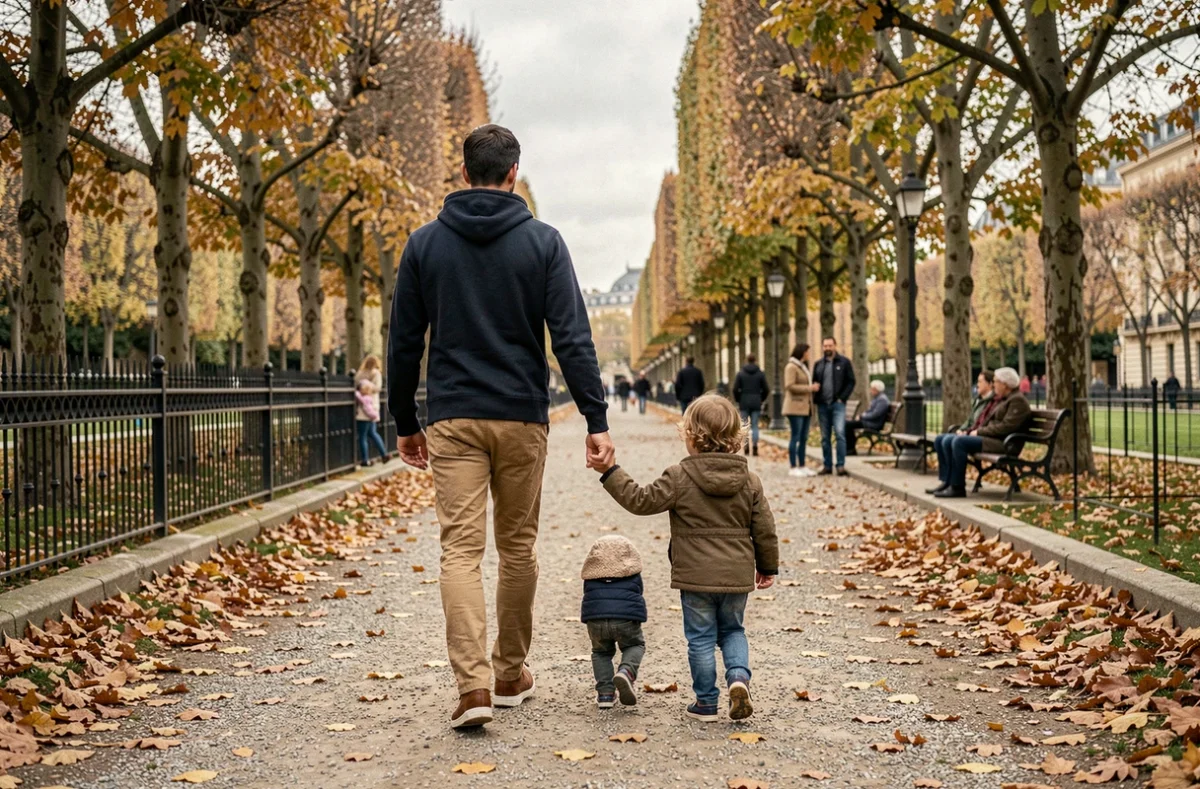 Père se promenant avec deux jeunes enfants de 3 à 5 ans dans un parc en Île-de-France lors d'une sortie organisée rapidement