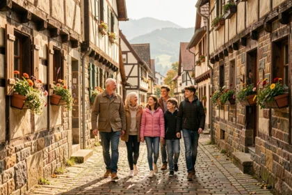 Famille multigénérationnelle se promenant dans un village alsacien typique avec maisons à colombages et collines des Vosges en arrière-plan