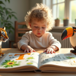 Enfant pointant un livre alphabet avec une tortue et un tigre