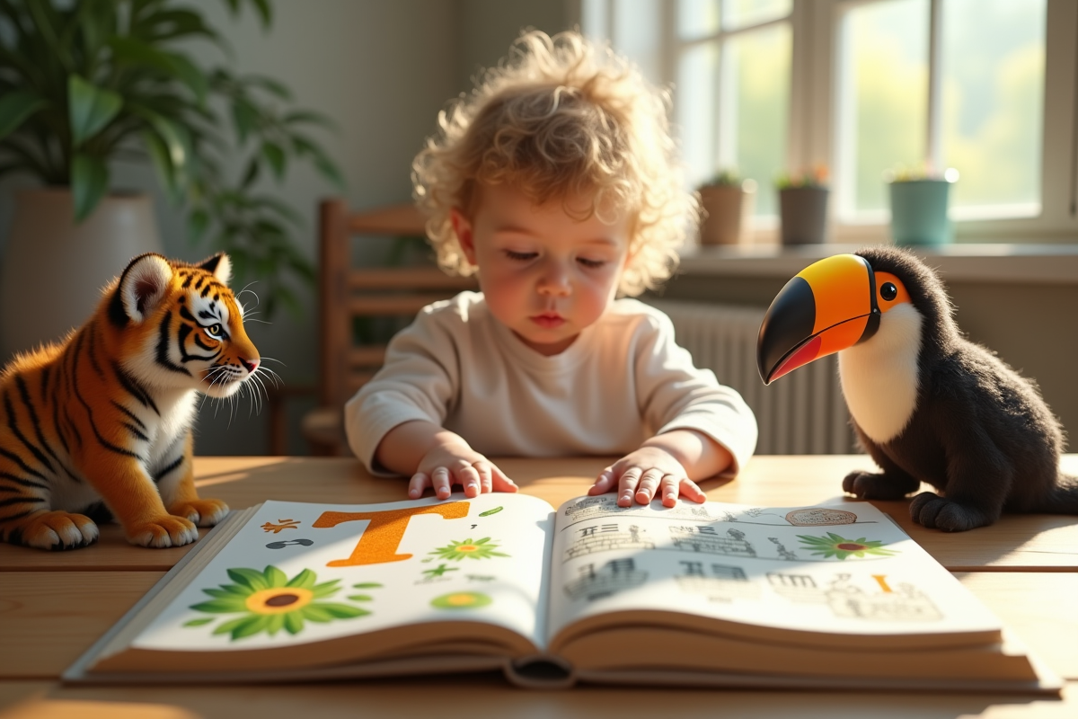Enfant pointant un livre alphabet avec une tortue et un tigre