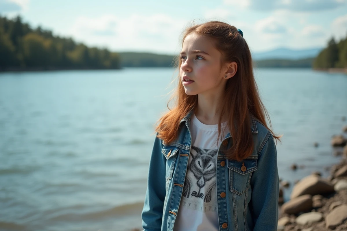 Adolescente au bord du lac regardant l