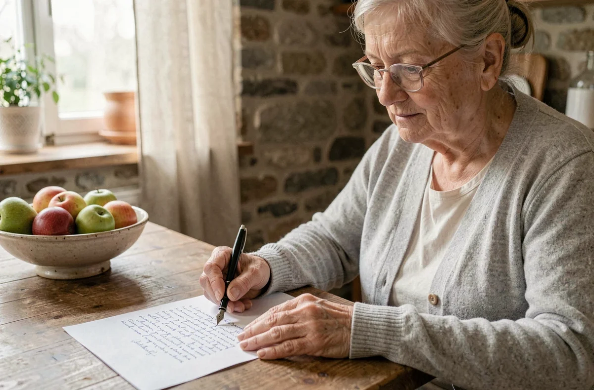 Femme âgée rédigeant un testament olographe à la main avec un stylo plume chez elle