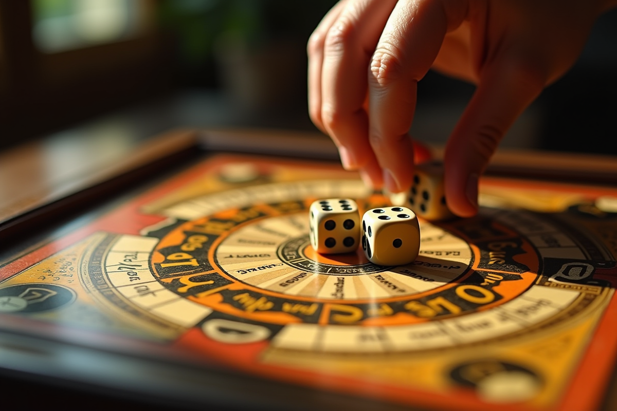 Main lançant des dés anciens sur un jeu de l’oie vintage