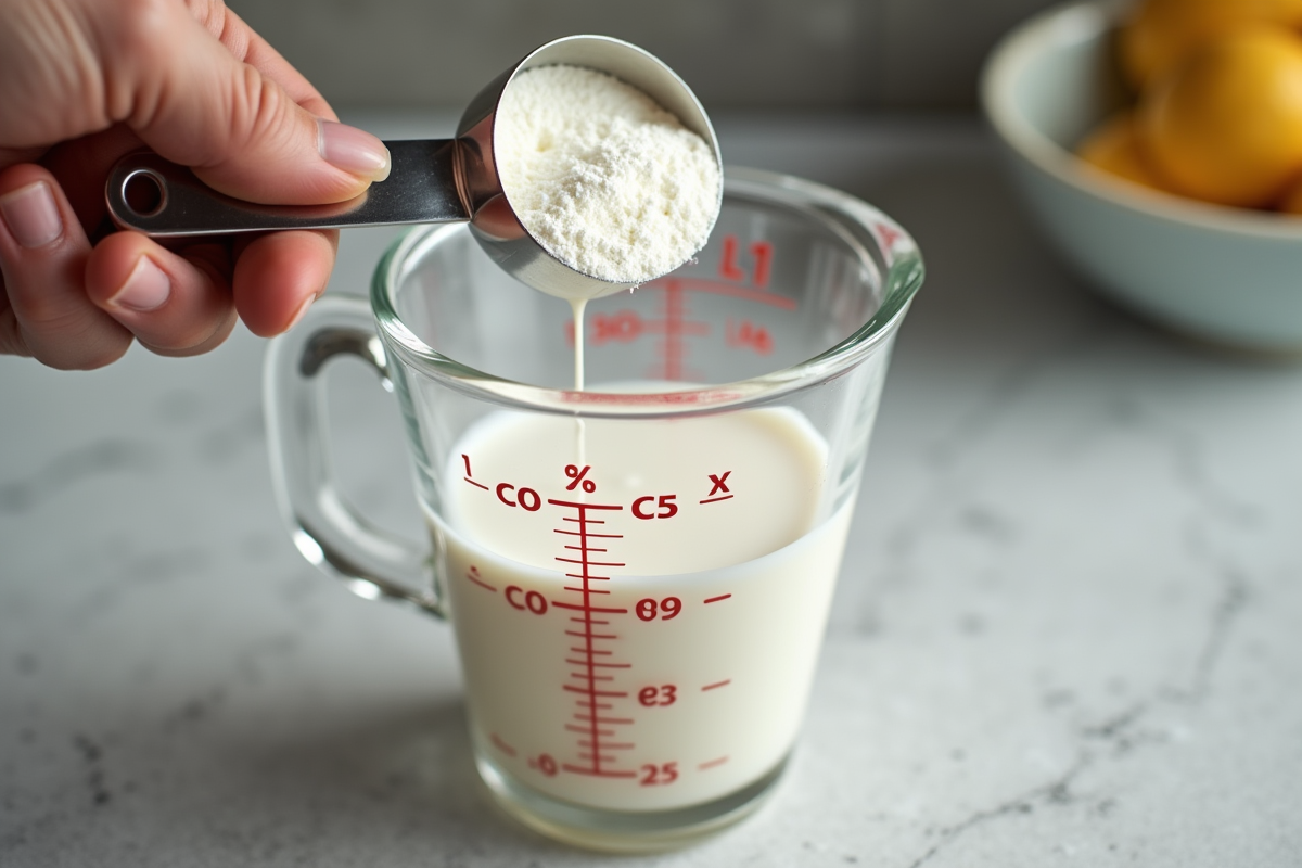 Main versant poudre de lait dans un verre doseur