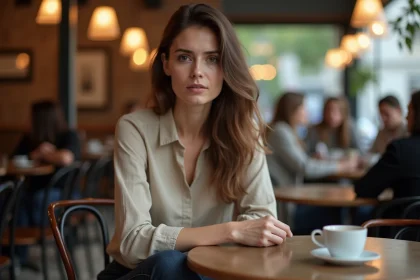 Femme dans un café parisien cherchant à préserver son intimité face au regard des autres