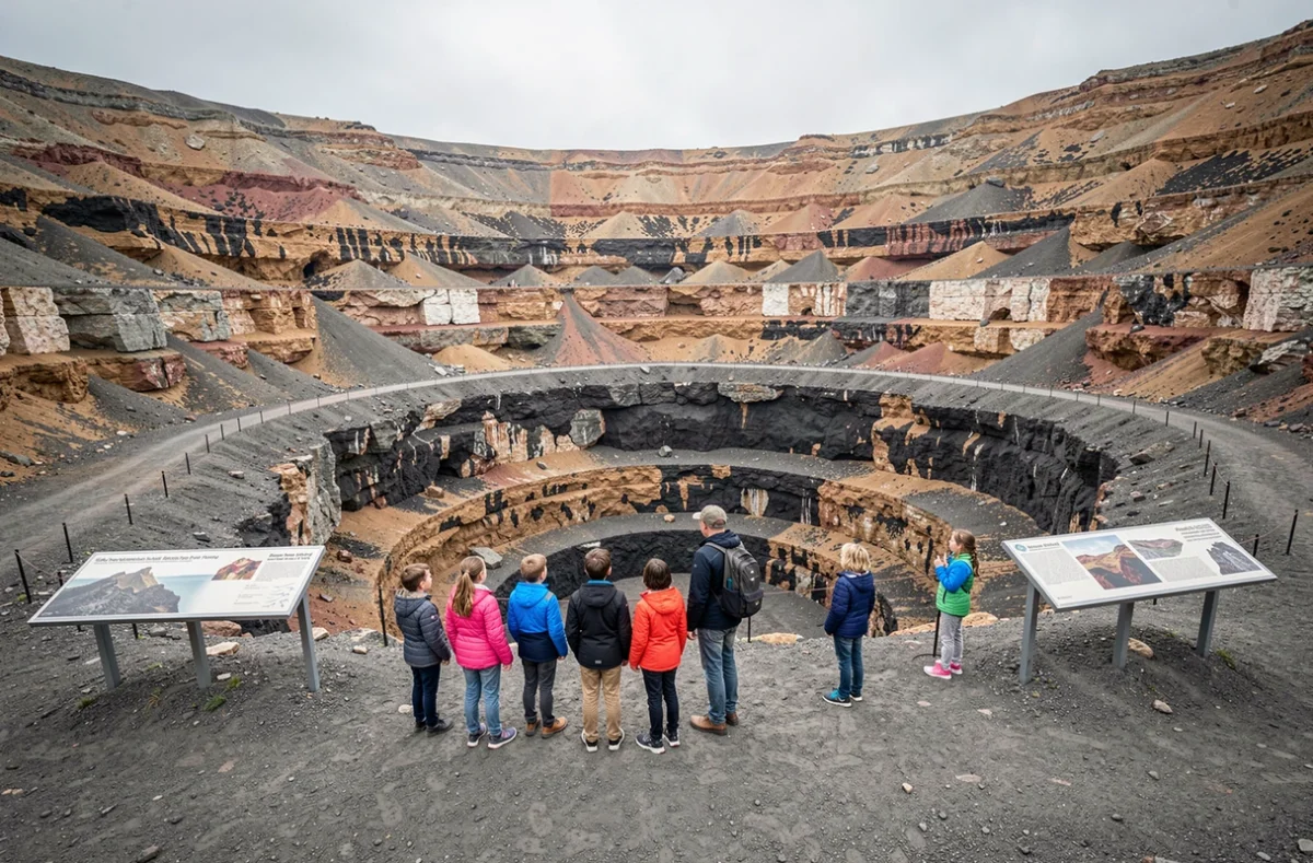 Groupe d'enfants visitant le cratère du Volcan de Lemptégy à Saint-Ours-les-Roches