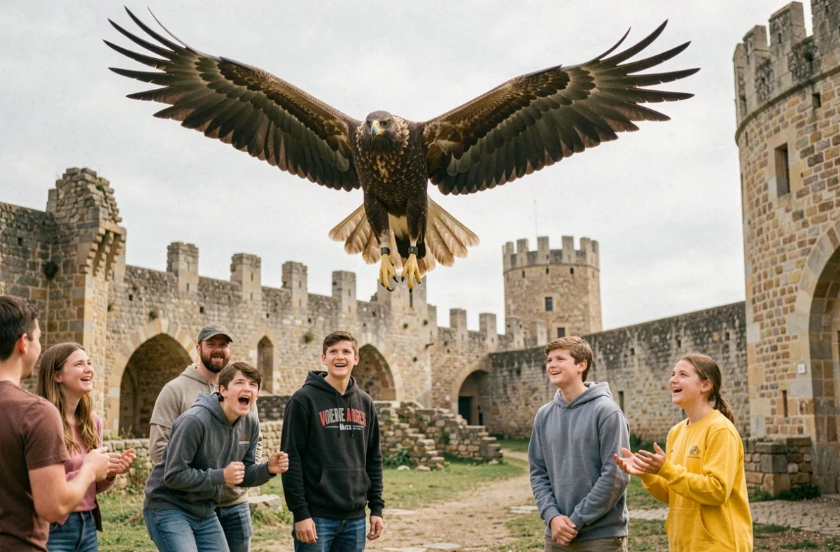 Famille assistant à un spectacle de rapaces en plein air avec un aigle royal en vol à la Volerie des Aigles de Kintzheim