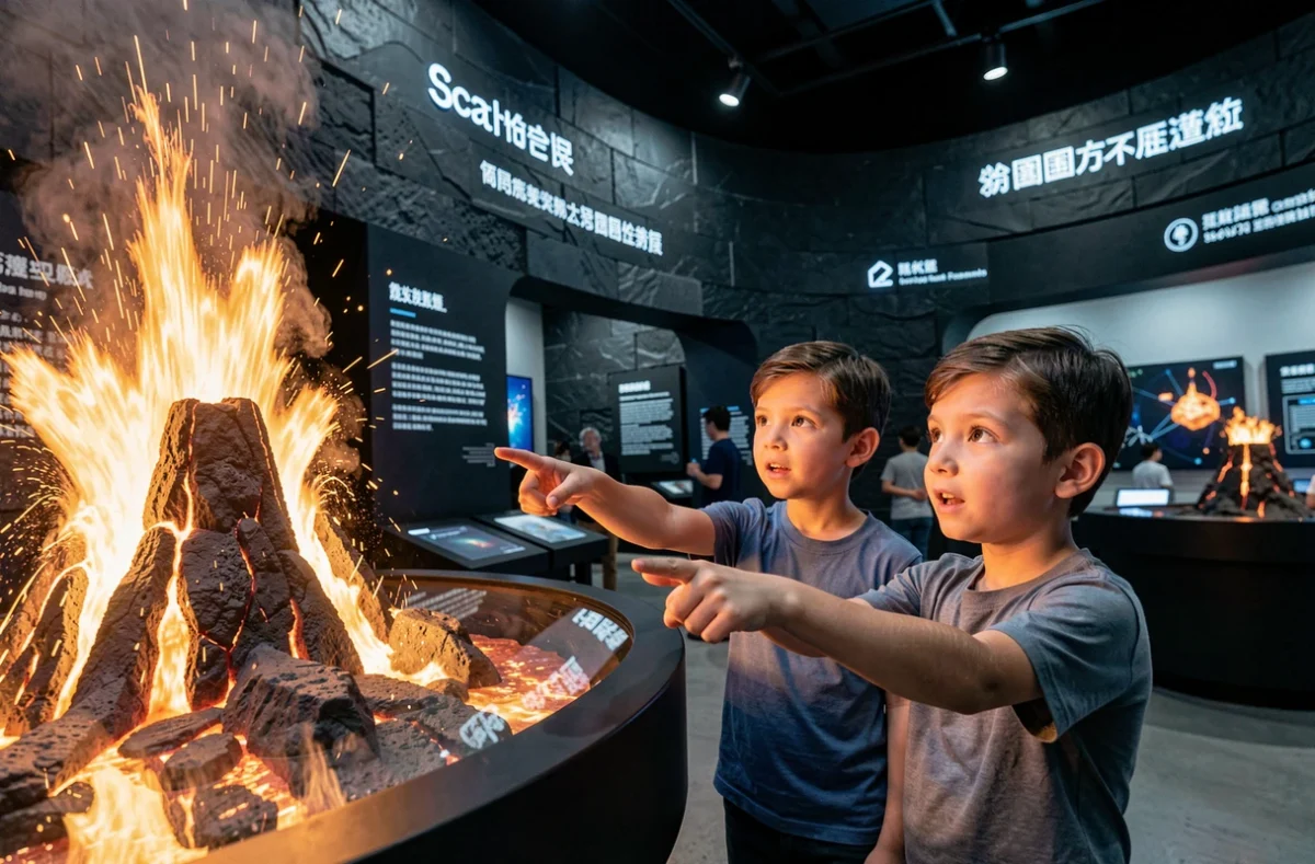 Famille découvrant les expositions volcaniques interactives du parc Vulcania à Saint-Ours-les-Roches