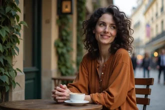 Femme aux cheveux bouclés dans un café parisien, sourire énigmatique, regard pensif, ambiance intimiste et bohème