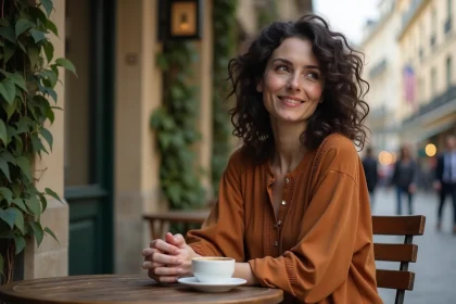 Femme aux cheveux bouclés dans un café parisien, sourire énigmatique, regard pensif, ambiance intimiste et bohème