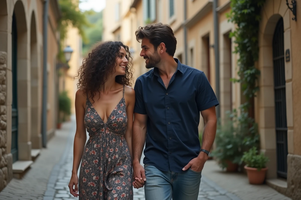 Couple marchant côte à côte dans une rue pavée française, complicité silencieuse, ambiance discrète et authentique