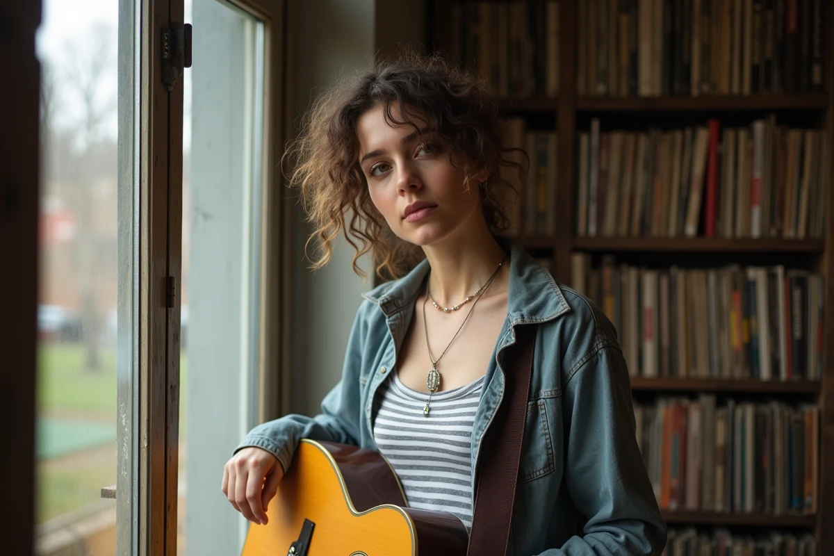 Chanteuse tenant une guitare dans un appartement bohème, fenêtre en arrière-plan, atmosphère musicale et personnelle